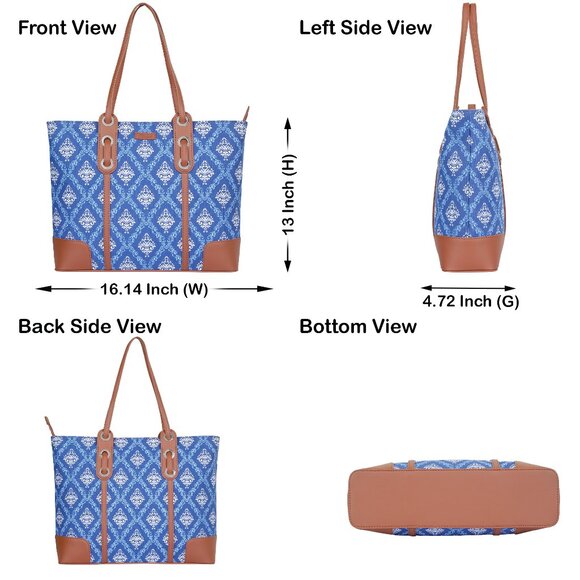 Blue Print Shoulder Tote Bag for Ladies, Hand Crafted Fabric Satchel Handbags - Picture 3 of 10